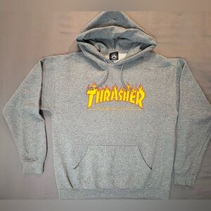 Thrasher Heather Grey Hoodie with Yellow Flame Logo